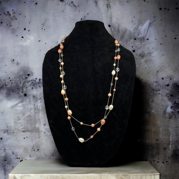 Elegant Peach and Silver Multi-Strand Beaded Necklace - Picture 1 of 13